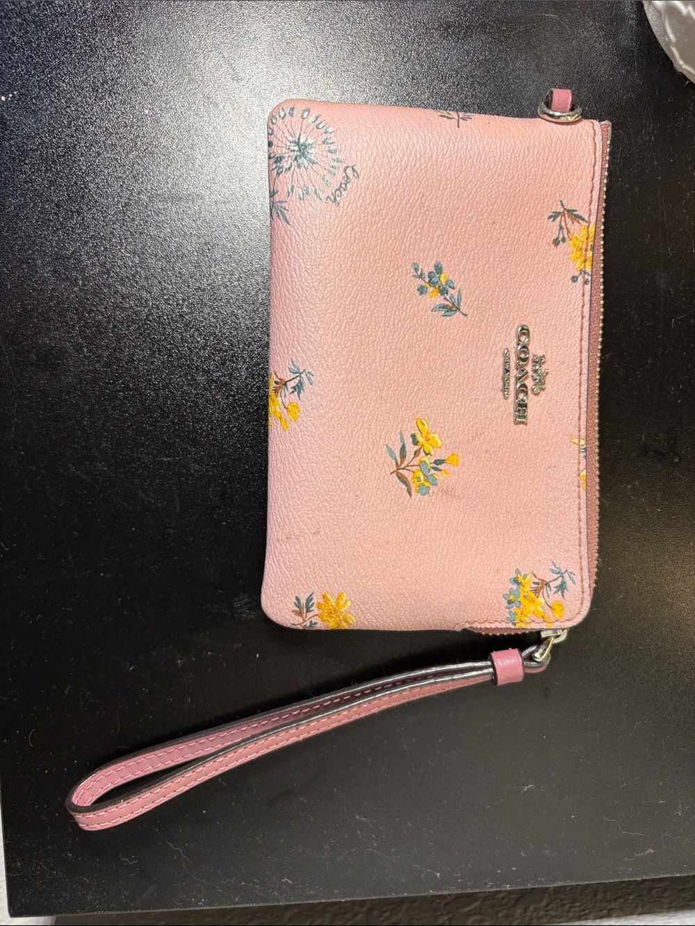 Coach Pink Floral Zip Wristlet with Yellow Accents coin purse